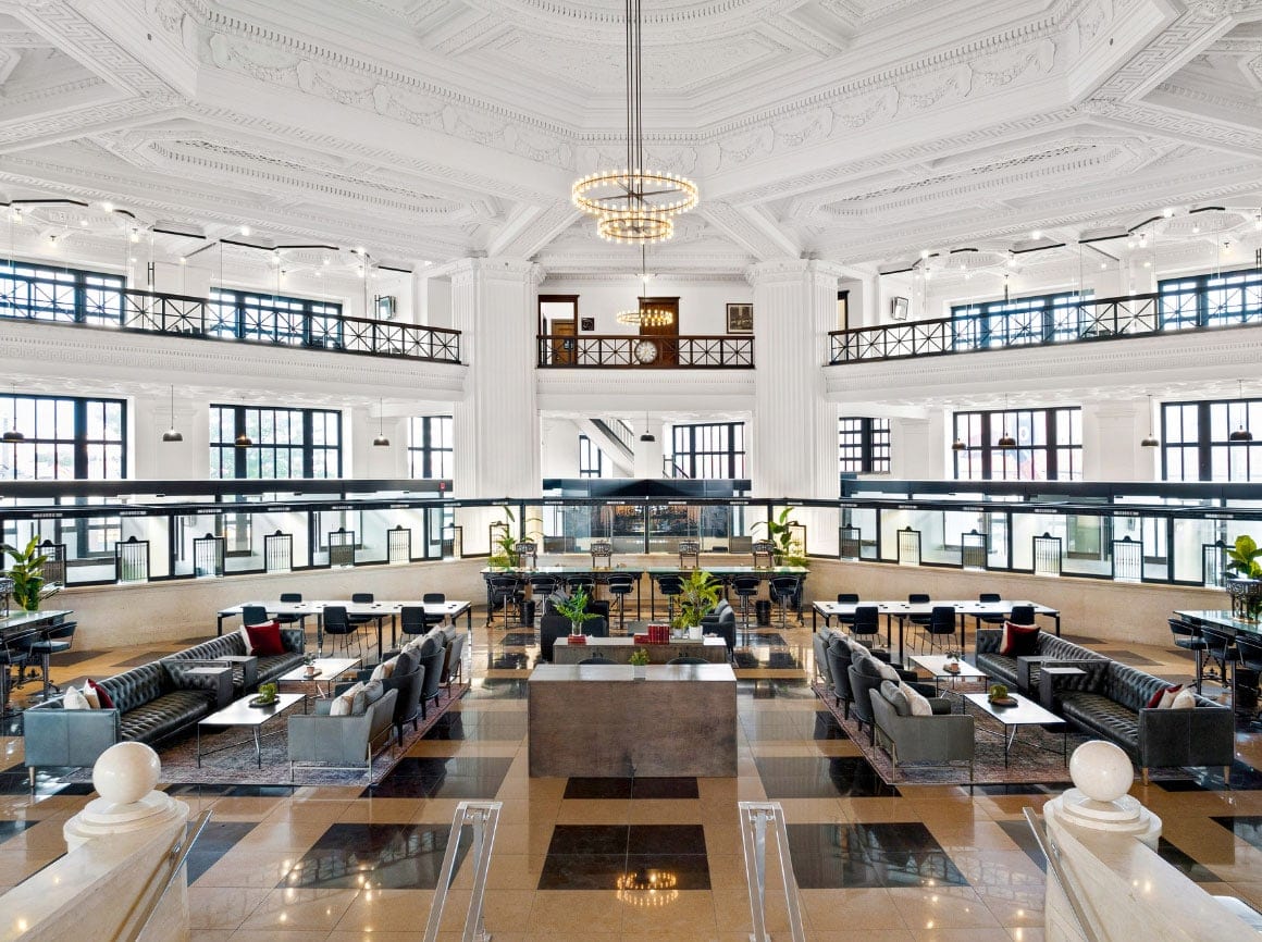 Double-height lobby of Bridgeview Bank with chandeliers