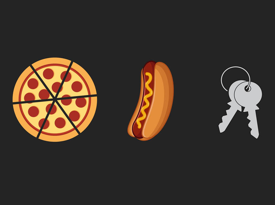 icons of pizza, a hot dog, and a set of keys